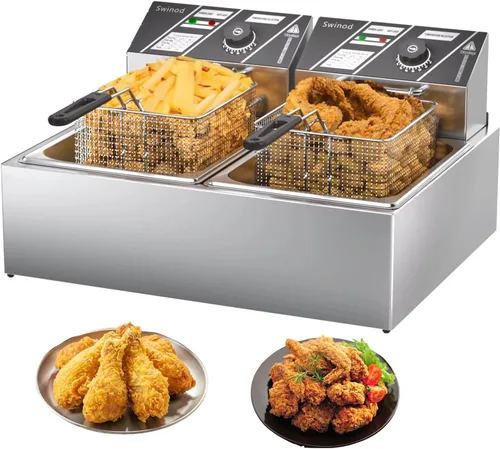 Miniatura 9 de Freidora comercial profunda con cestas, 3400W 12.7QT/12L de acero inoxidable engrosado para mostrador, freidora eléctrica de aceite de gran