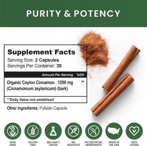 Miniatura 7 de Cápsulas de canela de 1200 mg. Suplemento orgánico de canela de Ceilán, pastillas de canela que apoyan el corazón, cerebro, hueso, articulaciones