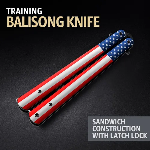 Miniatura 4 de Cuchillo de mariposa – Balisong Trainer – Entrenador de mariposa de práctica estadounidense con pestillo de resorte seguro – Cuchillos Balisong NO