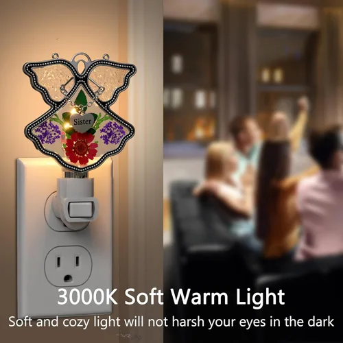 Miniatura 2 de KY&BOSAM Angel Sister - Luz de noche de flor en vidrio con ribete de metal, luz nocturna de corazón para hermana, cuarto de bebé, dormitorio, baño