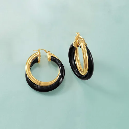 Miniatura 3 de Ross-Simons Andiamo - Pendientes de aro de oro amarillo y ónix negro de 14 quilates, Gema, multi Ónix Diamante
