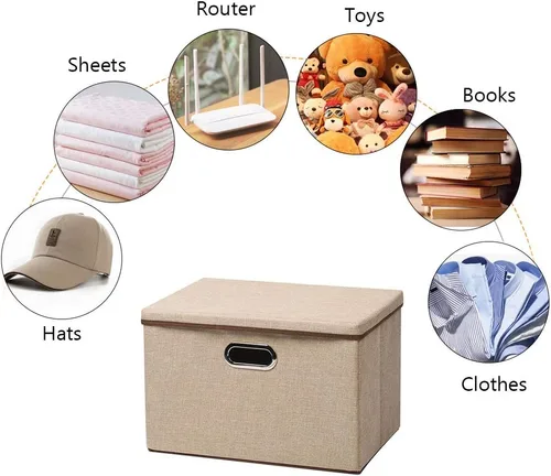 Miniatura 2 de UUJOLY Contenedores de almacenamiento grandes de tela de lino, canastas plegables de tela de lino, caja de almacenamiento con tapa y asas