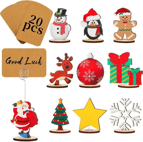 Miniatura 8 de Funnymoom - 20 unidades de soportes de madera para tarjetas navideñas con diseño de copo de nieve azul y blanco, y 20 tarjetas Kraft para nombres
