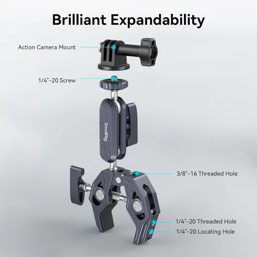 Miniatura 9 de SMALLRIG Abrazadera de montaje para cámara, brazo mágico de cabeza esférica y adaptador para Gopro, soporte para monitor de cámara con orificios