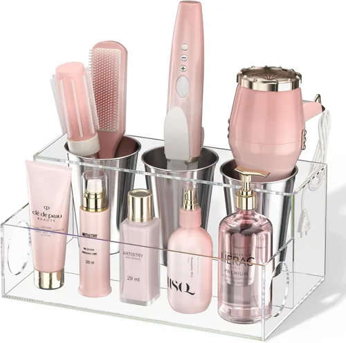 Miniatura 11 de NIUBEE Organizador de herramientas para el cabello, secadora de pelo acrílico negro y organizador de peinado, soporte para secadora de baño, soporte