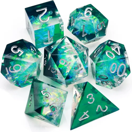 Miniatura 18 de Haxtec Juego de dados brillantes de borde afilado, dados DND de resina hechos a mano con inclusión de Mylar iridiscente, mezcla de color morado Azul