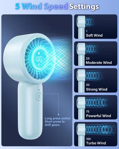 Miniatura 4 de Ventilador de mano portátil, pequeño ventilador de mano turbo personal, potente, refrescante, cordón, recargable por USB, 5 velocidades, maquillaje