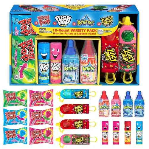 Bazooka Candy Brands Caja de dulces variada – 18 paletas de dulces de verano de Ring Pop, Push Pop, Baby Bottle Pop & Juicy Drop – Caramelos