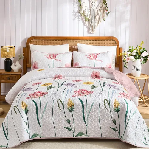 Miniatura 18 de WONGS BEDDING - Juego de edredón floral tamaño Queen, edredón botánico verde y amarillo con 2 fundas de almohada, juego de ropa de cama ligera