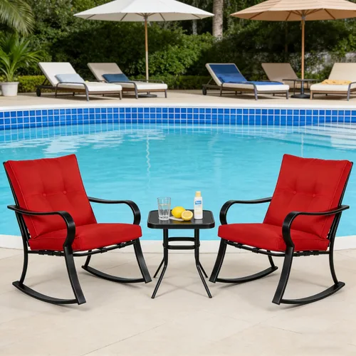Miniatura 2 de SUNCROWN Juego de 3 sillas mecedoras para exteriores, muebles de acero negro con cojín grueso y mesa de centro de cristal, color rojo