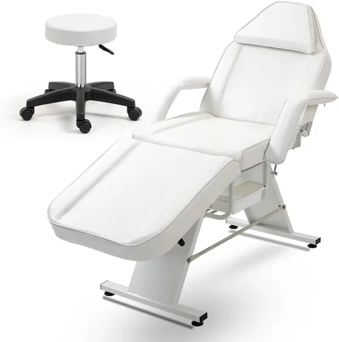 Miniatura 8 de Silla de tatuaje de salón de masaje con dos bandejas, cama esteticista con taburete hidráulico, mesa de cama facial multiusos de 3 secciones,