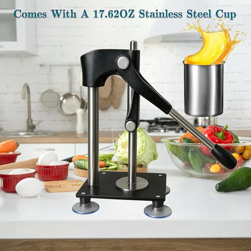 Miniatura 5 de Prensa de exprimidor de mano resistente negra, exprimidor de limón de metal con taza de acero inoxidable de 17.6 fl oz para exprimir cítricos