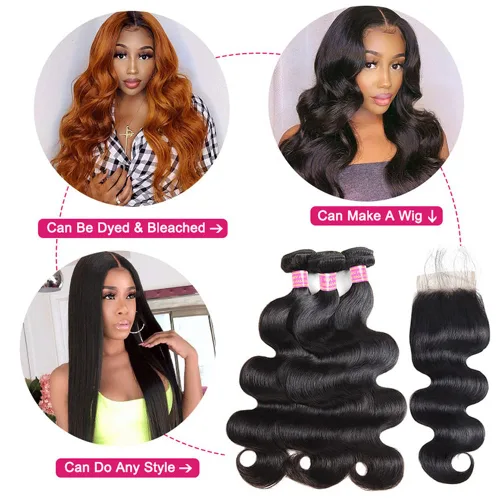 Miniatura 6 de Paquetes de Ondas Corporales con Cierre para Mujeres Negras (10 12 14+10) 100% Cabello Humano Brasileño de Ondas Corporales Sin Procesar 3 Paquetes