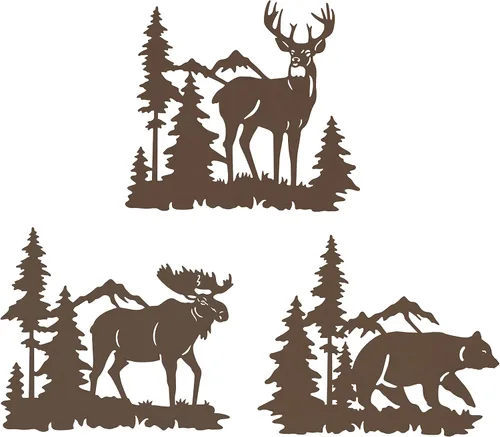Waiu Decoración de pared de metal, ciervo, oso y alce en el bosque de pinos, juego de 3 9.3 pulgadas, decoración rústica concisa para colgar para