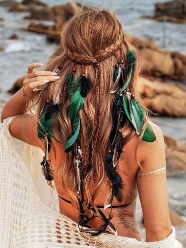 Miniatura 10 de GORTIN Diadema de plumas bohemias, disfraz gitano, tocado negro, bohemio, hippie, banda para el pelo para festival indio, accesorio para el cabello