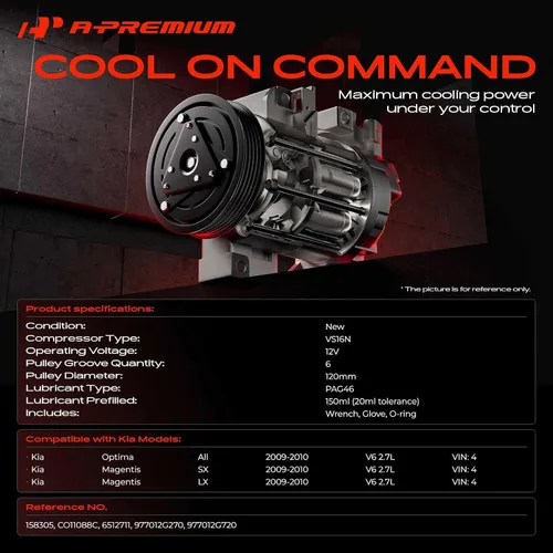 Miniatura 2 de A-Premium Compresor A/C con embrague compatible con Kia Optima 2.7L 2009-2010, Magentis 2.7L 2009-2010 for Kia Optima 2.7L 2009-2010, Magentis