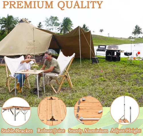 Miniatura 4 de KingCamp Mesa de Bambú Plegable Mesa de Camping Ecológica con Patas de Aluminio de Altura Ajustable Resistente 4 Pliegues Mesas de Campamento