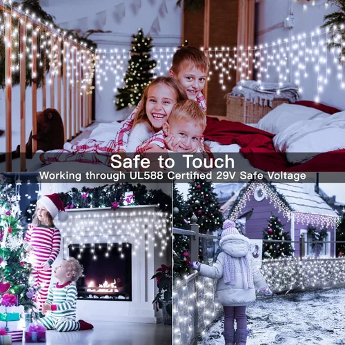 Miniatura 8 de Ollny Luces de Carámbano para Exteriores Blanco Frío, 600LED 49FT Luces de Navidad con Control Remoto 8 Modos Regulables, Impermeable Conectable