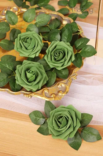 Miniatura 6 de MACTING 30 piezas de flores de rosas artificiales de toque real con tallo, flores falsas de espuma verde para bricolaje, ramo de novia, fiesta, baby