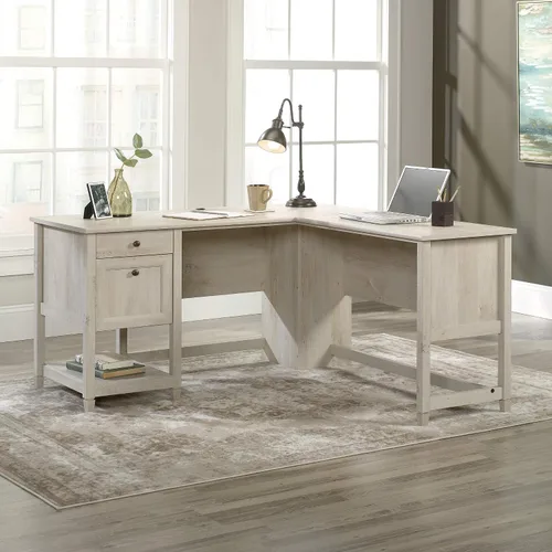 Miniatura 2 de Sauder Edge Water - Escritorio esquinero en forma de L con cajones de almacenamiento y estante abierto, en color castaño a la tiza
