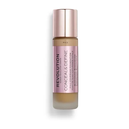 Makeup Revolution Base oculta y define, cobertura completa y acabado mate, F11 para tonos de piel medios/oscuros, vegano y libre de crueldad, 0.7