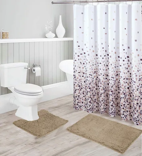 Miniatura 5 de Linen Plus - Juego de baño que incluye tapete de baño de felpilla suave antideslizante, tapete de contorno, cortina de ducha y ganchos de acero