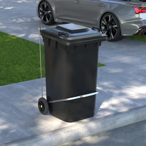 Miniatura 4 de Bote de basura rectangular con ruedas negras de 50 galones para exteriores con tapa y accesorio de paso, eliminación manos libres para uso comercial