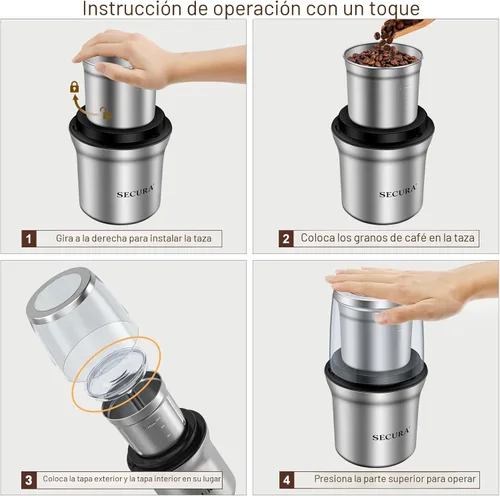 Miniatura 7 de Secura Molinillo de café eléctrico y molinillo de especias con 2 cuchillas de acero inoxidable cuencos extraíbles
