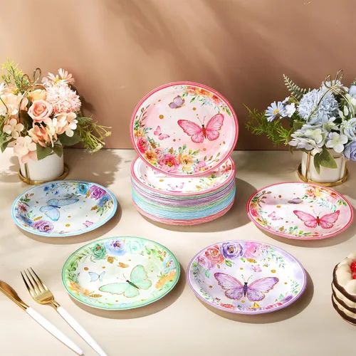 Miniatura 4 de 80 platos de fiesta de cumpleaños de mariposa, platos de papel de mariposa de 7 pulgadas, decoración de vajilla desechable floral de primavera