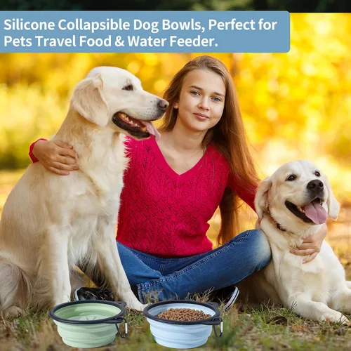 Miniatura 2 de Paquete de 2 cuencos plegables de silicona para perros, con forma de oreja de mascota y cuenco de agua de viaje con gráficos de gato, lleno