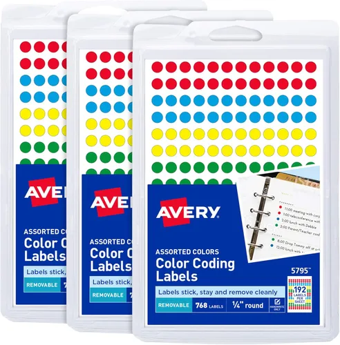 Avery Etiquetas extraíbles con codificación de colores, etiquetas redondas de 1/4 de pulgada, colores surtidos, no imprimibles, 3 paquetes, 2,304