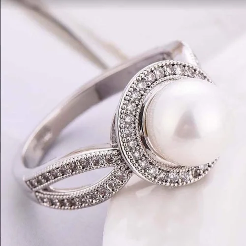 Miniatura 2 de MIAHAO - Anillo de plata de ley 925 con perla y zafiro blanco para mujer, joyería de fiesta de boda, talla 6-10 (código 6 de EE. UU.)