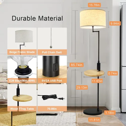 Miniatura 4 de DLLT - Lámpara de pie LED para sala de estar, luz de acento de pie con puerto de carga USB, ahorro de energía, iluminación de poste alto con mesa