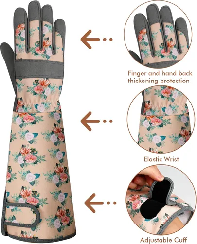 Miniatura 6 de Guantes largos de jardinería para mujer, guantes de cuero a prueba de espinas, guantes de trabajo transpirables para mujeres, patio, exteriores