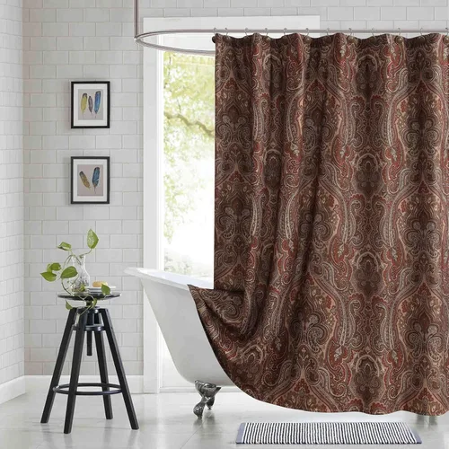 Miniatura 8 de Cortina de ducha larga de tela, cortinas de ducha de damasco bohemio con estampado de paisley en vino burdeos y oro amarillo, cortinas impermeables