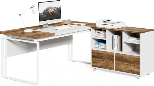 Miniatura 9 de LITTLE TREE Escritorio de oficina ejecutivo en forma de L de 63 pulgadas con archivador, escritorio de oficina grande y moderno para oficina