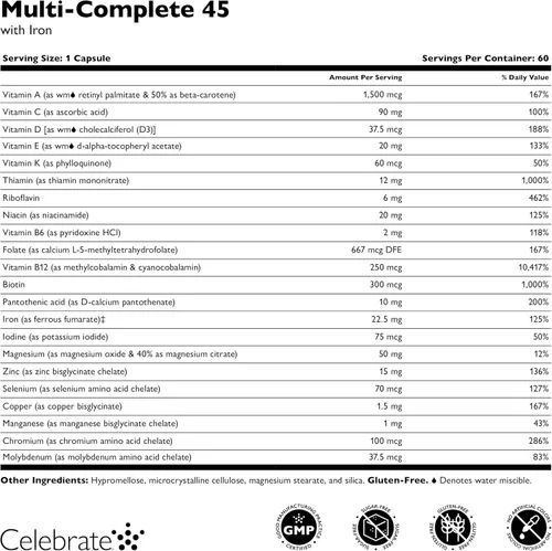 Miniatura 5 de Celebrate Vitamins Multi-Complete Multivitamínico bariátrico con 45 mg de hierro, vitaminas y minerales esenciales diarios para gastrectomía