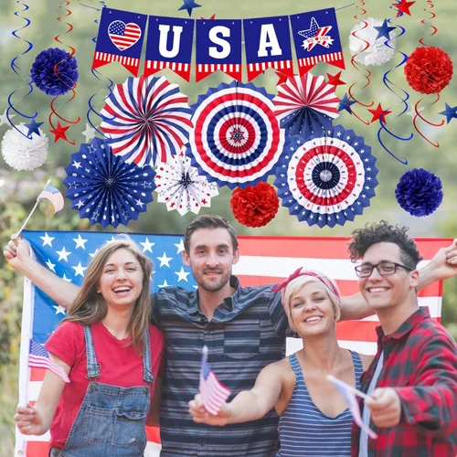 Miniatura 6 de Decoraciones de fiesta patriótica del 4 de julio, 6 abanicos de papel, 6 bolas de flores, 1 bandera de cola de golondrina de Estados Unidos, 1