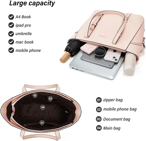 Miniatura 111 de Juego de 4 bolsas modernos para mujer de cuero sintético: bolso tote, bolso de hombro, bolso de mano y cartera.