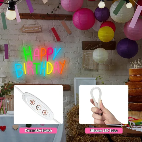 Miniatura 5 de Letrero de neón de feliz cumpleaños para decoración de pared, luces de neón de feliz cumpleaños coloridas, luz de neón LED de cumpleaños para telón