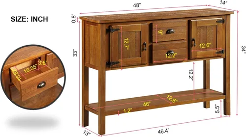 Miniatura 2 de Merax Aparador buffet con 2 cajones, mesa consola con estante para cocina, cafetería de granja con almacenamiento, color marrón