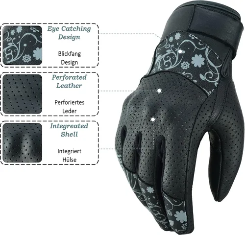 Miniatura 2 de JAUNTY - Guantes de motocicleta para mujeres, de cuero, con pantalla táctil, para damas con nudillos duros perforados, transpirables