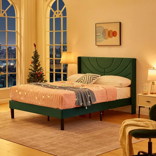 Miniatura 6 de VECELO Base de cama tapizada tamaño Queen con cabecera de tela, soporte de listones de madera, no necesita somier, base de colchón, color verde