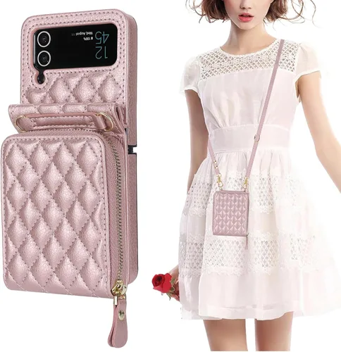KIHUWEY Funda tipo cartera para Samsung Galaxy Z Flip 4, bolso cruzado con cremallera con ranura para tarjeta de crédito, bloqueo RFID, correa Oro
