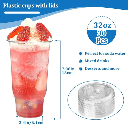Miniatura 2 de Vasos de plástico transparente de 32 onzas con tapas, paquete de 30 vasos desechables para café, batidos, bodas, fiestas de cumpleaños, picnics