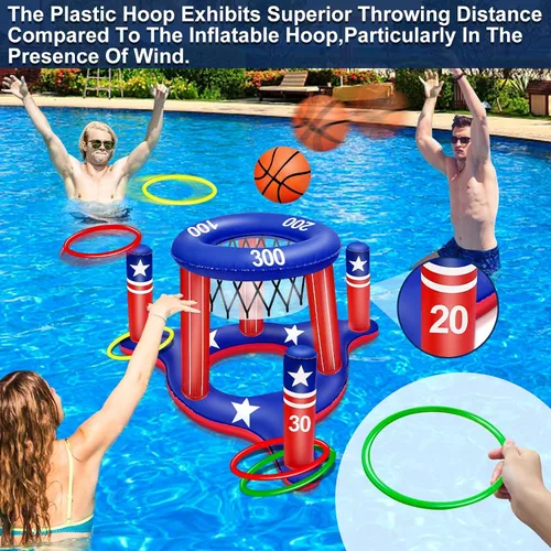 Miniatura 6 de Juguetes de piscina con la bandera estadounidense para adolescentes y adultos, 250 aniversario, aro de baloncesto flotante 2 en 1, juego