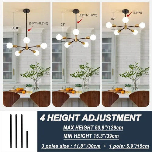 Miniatura 3 de RUIYEY Lámpara Sputnik Moderna, Lámpara de Techo Semiempotrada Negra y Dorada, Candelabros de Mediados de Siglo para Dormitorio, Comedor, Isla