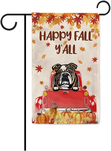 Miniatura 11 de Bandera con texto en inglés «Happy Fall Y'all» con diseño de perro inteligente con calabaza en camión rojo y hojas de arce, pancarta de otoño