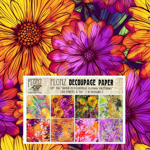 Decoupage - Paquete de papel (24 hojas de 6 x 6 pulgadas), patrón floral psicodélico hippie FLONZ, estilo vintage, sin costuras, para decoupage, Uno