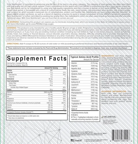 Miniatura 3 de Core Nutritionals Grow Ganador de masa a base de alimentos integrales, 1.76 oz de proteína, 880 calorías, 10 libras (mantequilla de maní y chocolate)